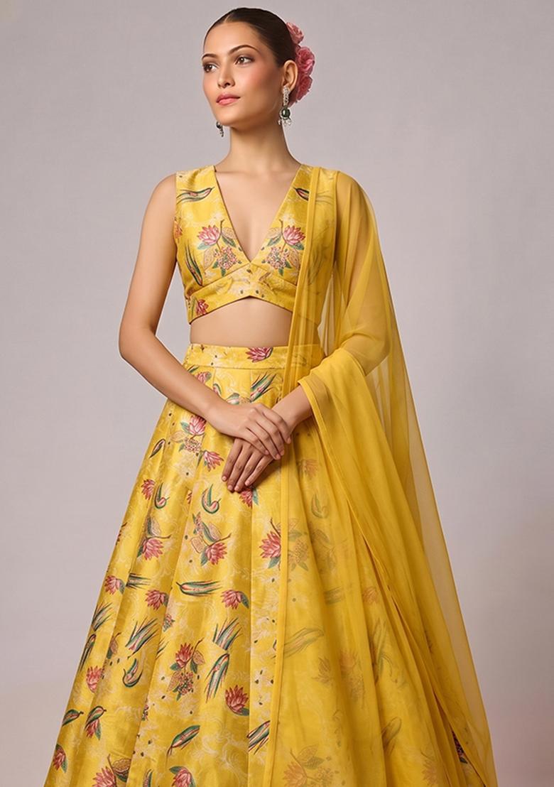 Mustard Printed Silk Blend Lehenga Set - Indya