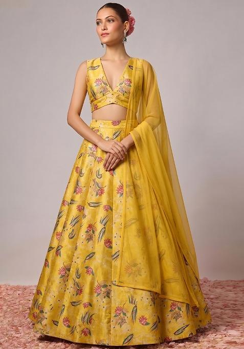Mustard Printed Silk Blend Lehenga Set