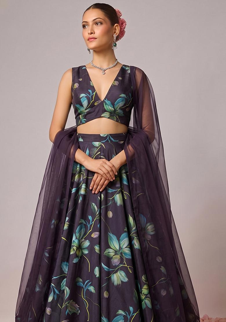 Deep Purple Printed Silk Blend Lehenga Set - Indya