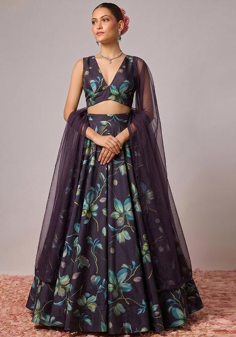 Deep Purple Printed Silk Lehenga Set