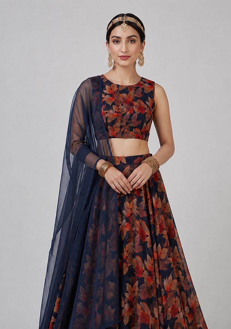 Navy Blue Printed Chiffon Lehenga Set - Indya