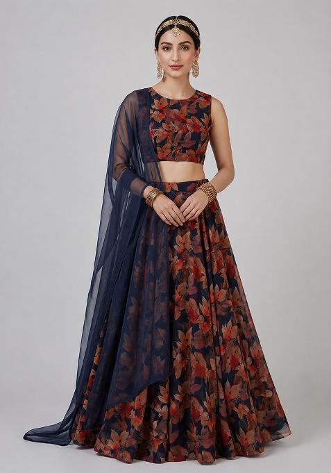 Navy Blue Printed Chiffon Lehenga Set