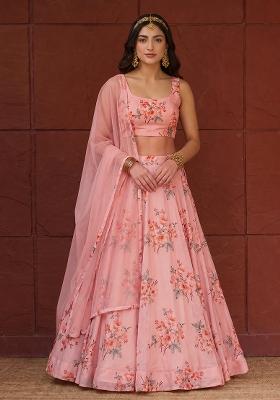 Peach Printed Chiffon Lehenga Set