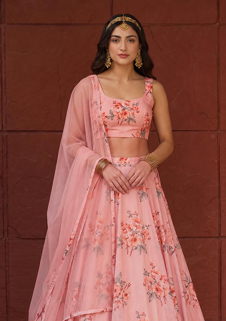 Peach Printed Chiffon Lehenga Set - Indya