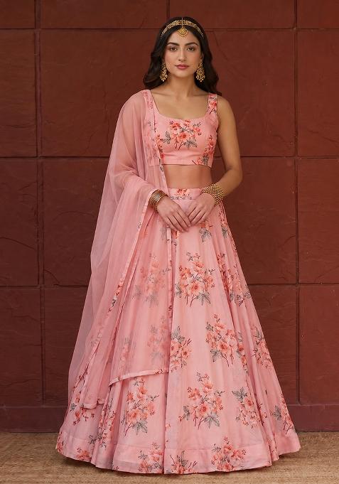 Peach Printed Chiffon Lehenga Set