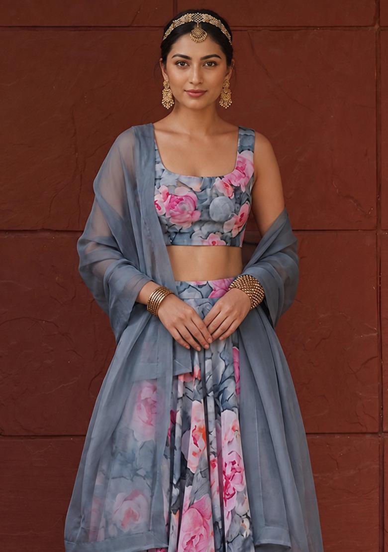 Grey Printed Chiffon Lehenga Set - Indya
