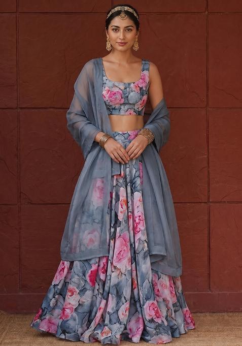 Grey Printed Chiffon Lehenga Set