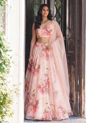 Peach Printed Chiffon Lehenga Set