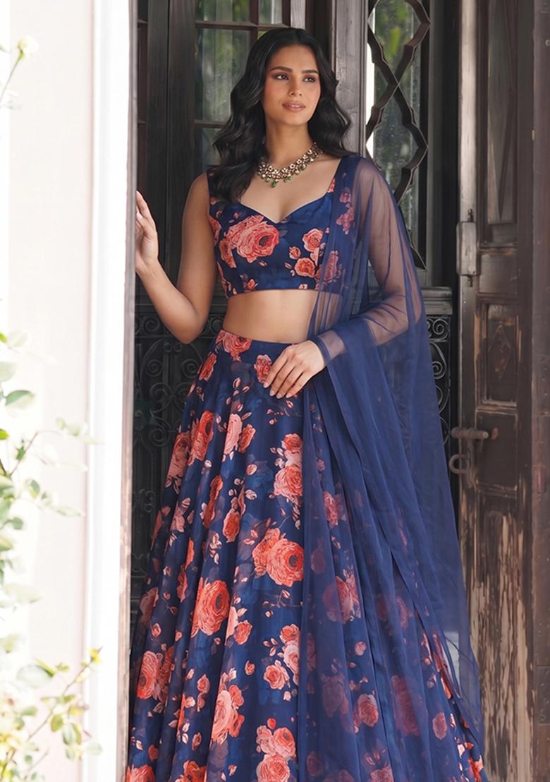 Navy Blue Printed Chiffon Lehenga Set - Indya
