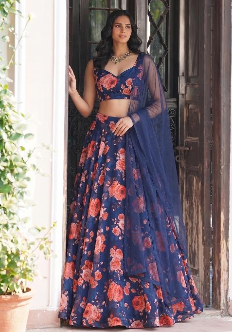 Navy Blue Printed Chiffon Lehenga Set