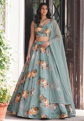 Sage Green Printed Chiffon Lehenga Set