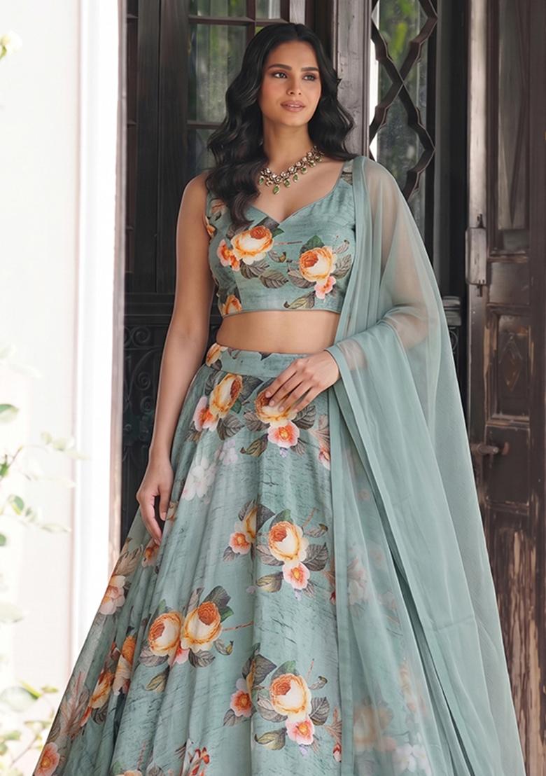 Sage Green Printed Chiffon Lehenga Set - Indya