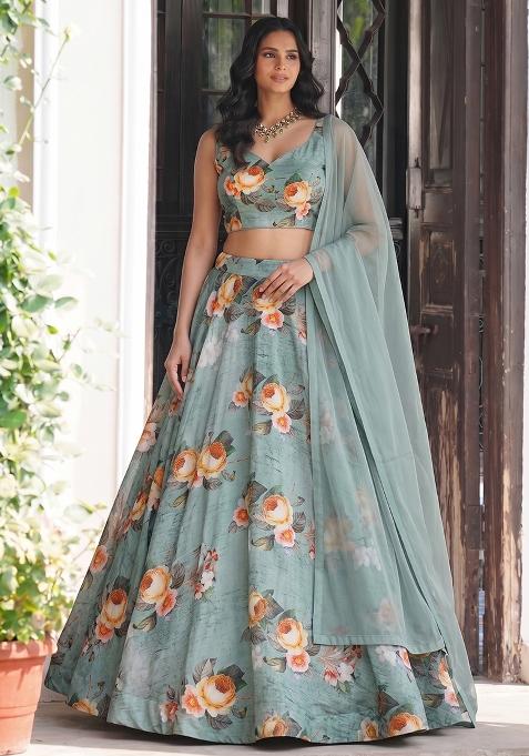 Sage Green Printed Chiffon Lehenga Set