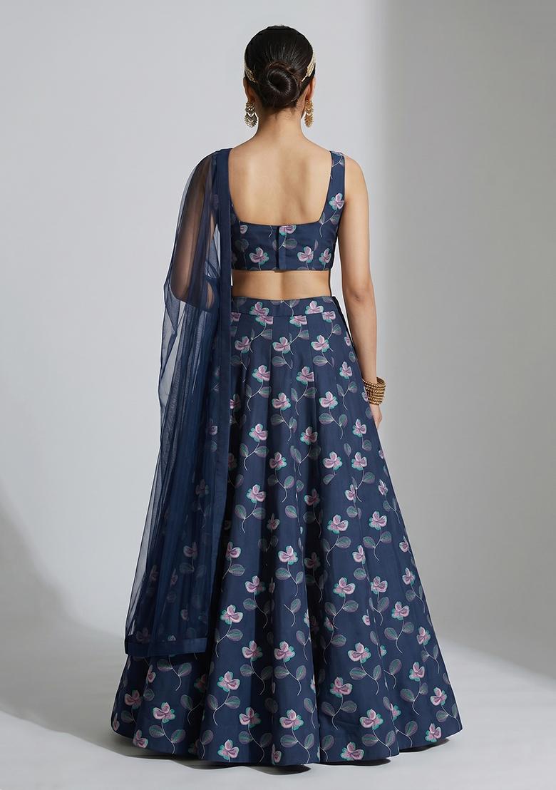 Navy Blue Printed Satin Lehenga Set - Indya