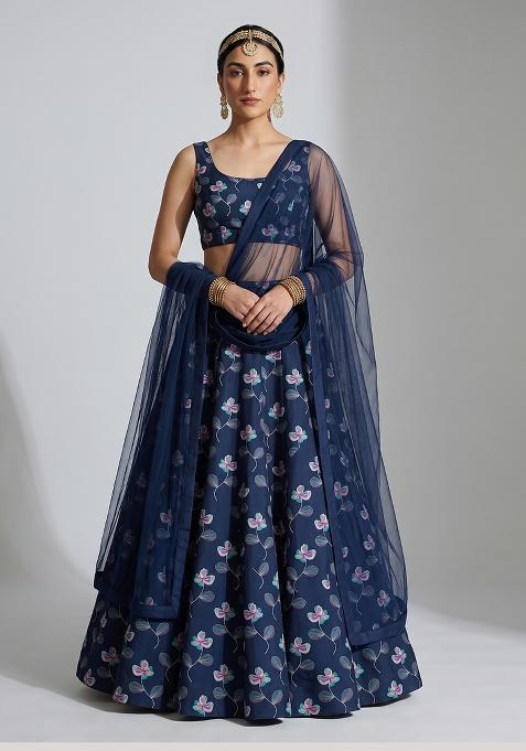 Navy Blue Printed Satin Lehenga Set
