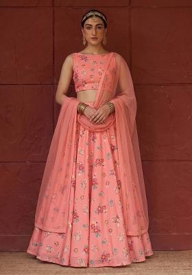 Peach Printed Satin Lehenga Set