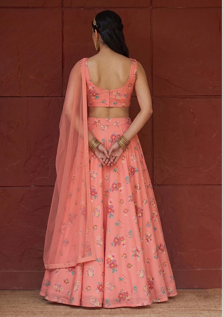 Peach Printed Satin Lehenga Set - Indya