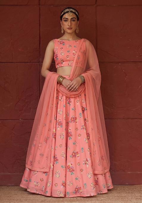Peach Printed Satin Lehenga Set
