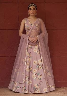 Dusty Rose Printed Satin Lehenga Set