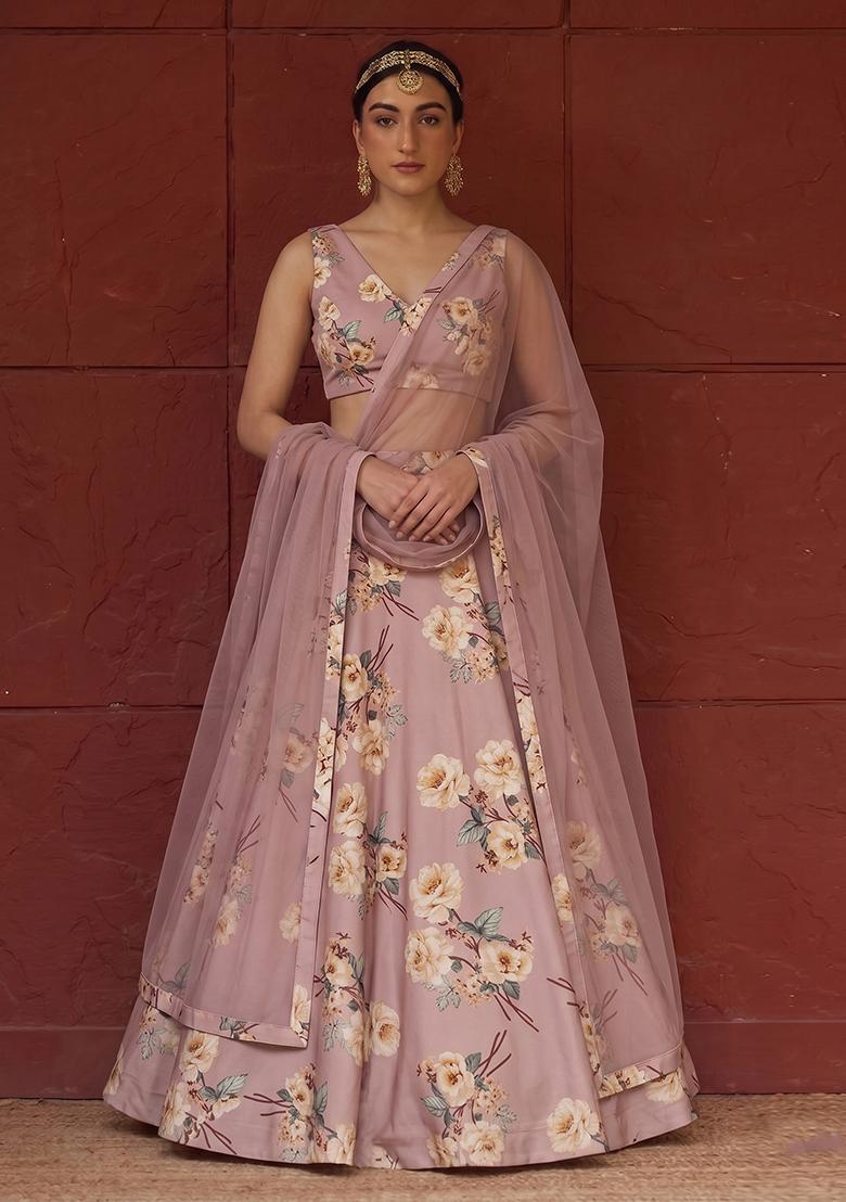 Dusty Rose Printed Satin Lehenga Set - Indya