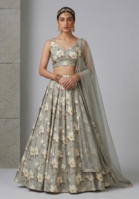 Grey Printed Chiffon Lehenga Set