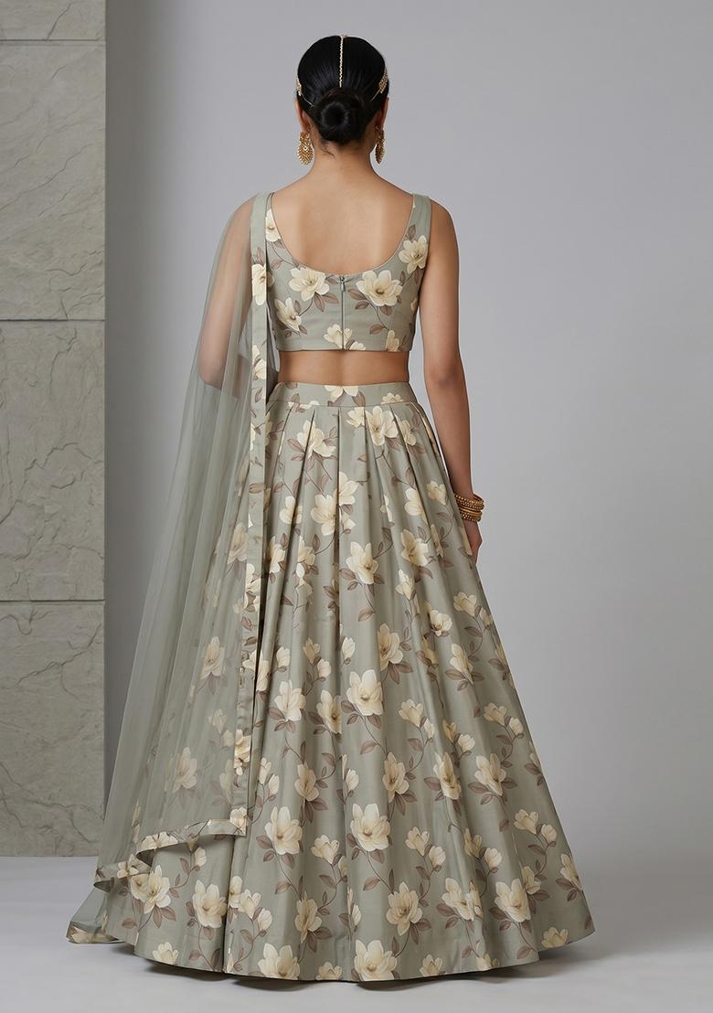 Grey Printed Chiffon Lehenga Set - Indya