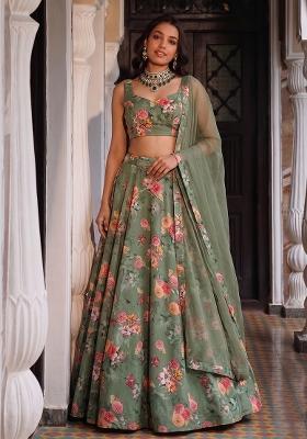 Sage Green Silk Blend Floral Print Lehenga Set