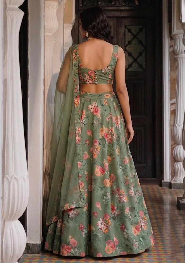 Sage Green Silk Blend Floral Print Lehenga Set - Indya