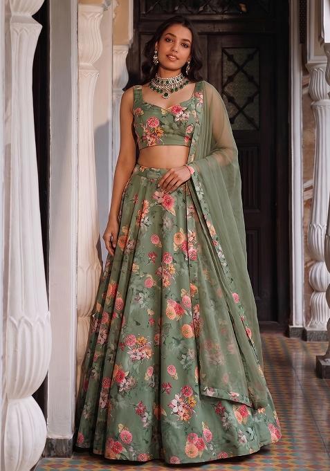 Sage Green Silk Blend Floral Print Lehenga Set