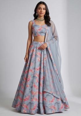 Blue-Grey Printed Satin Lehenga Set
