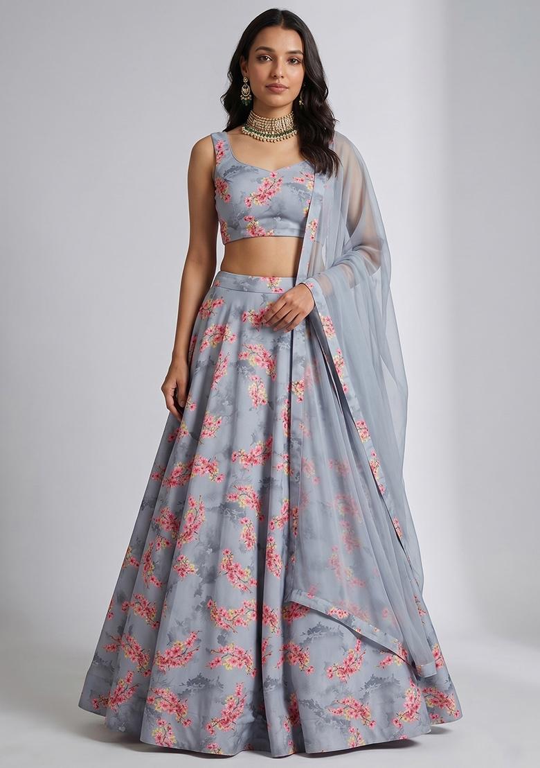 Blue-Grey Printed Satin Lehenga Set - Indya
