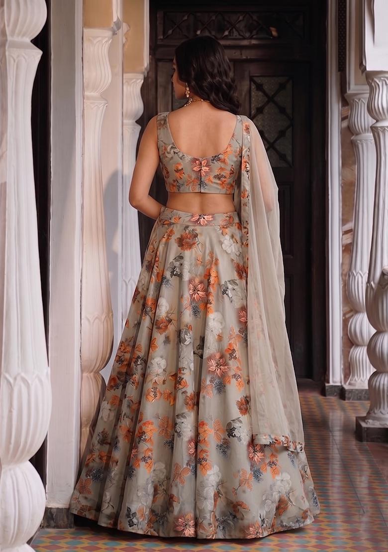Light Grey Printed Chiffon Lehenga Set - Indya