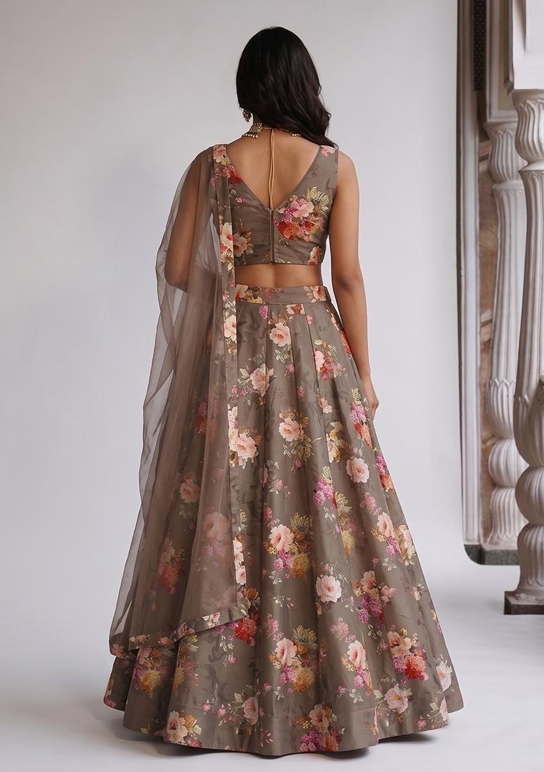 Taupe Brown Printed Chiffon Lehenga Set - Indya