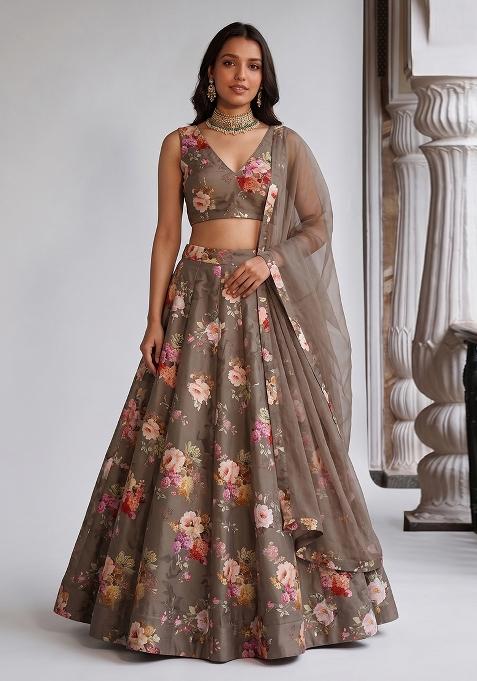 Taupe Brown Printed Chiffon Lehenga Set