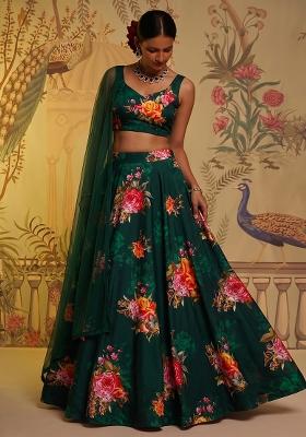 Bottle Green Printed Satin Lehenga Set