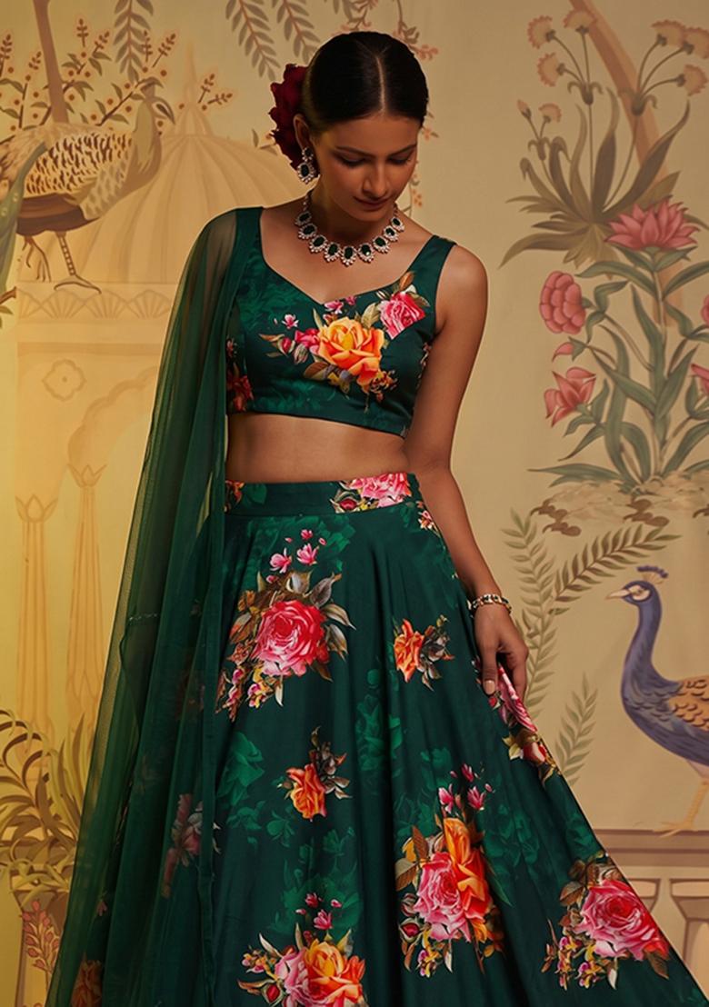Bottle Green Printed Satin Lehenga Set - Indya