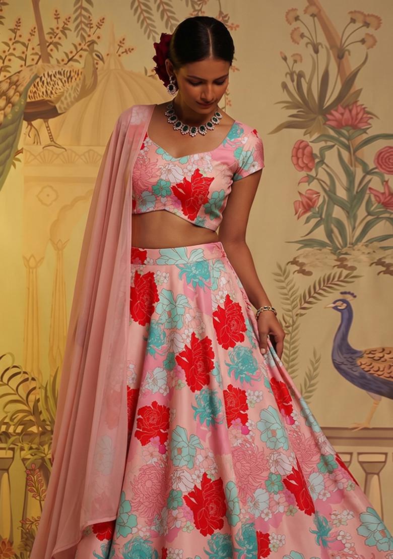 Blush Pink Printed Satin Lehenga Set - Indya