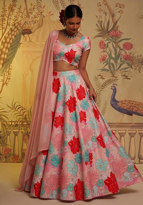 Blush Pink Printed Satin Lehenga Set