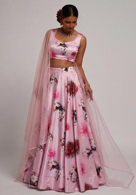 Baby Pink Printed Satin Lehenga Set