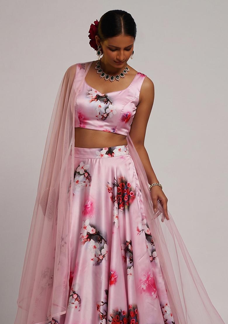 Baby Pink Printed Satin Lehenga Set - Indya