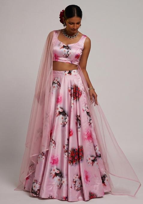 Baby Pink Silk Blend Floral Print Lehenga Set