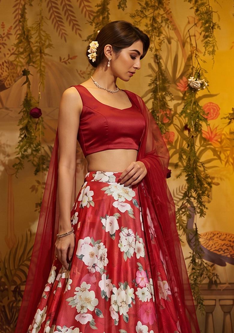 Ruby Red Printed Satin Lehenga Set - Indya