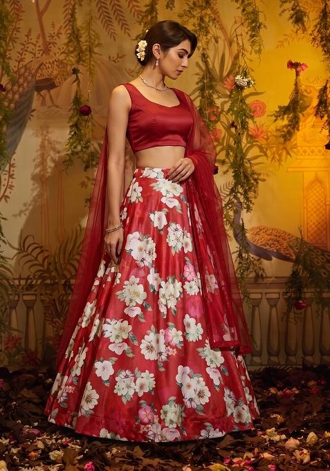 Ruby Red Printed Satin Lehenga Set