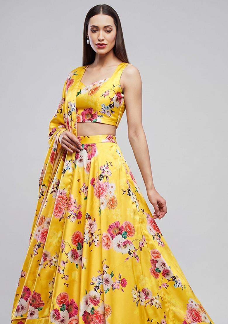 Turmeric Printed Satin Lehenga Set - Indya