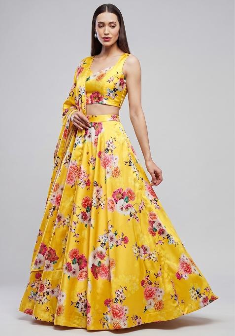 Turmeric Printed Satin Lehenga Set