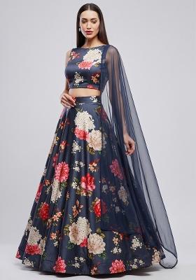 Midnight Blue Printed Satin Lehenga Set