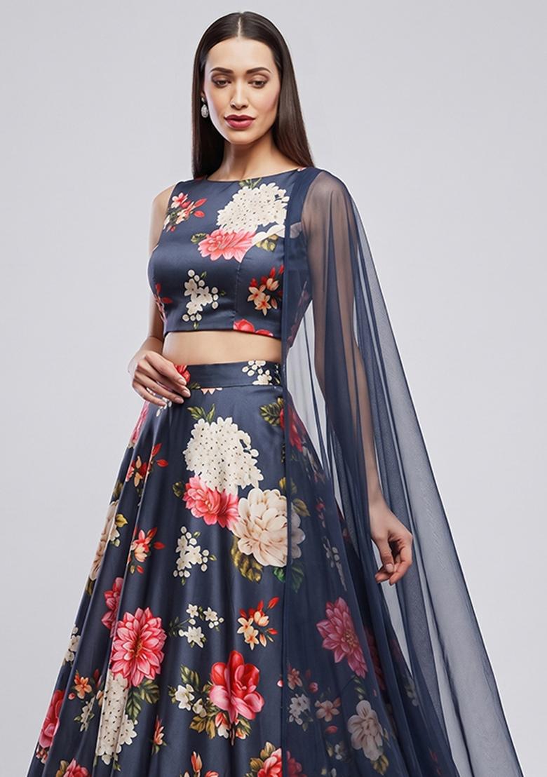 Midnight Blue Printed Satin Lehenga Set - Indya