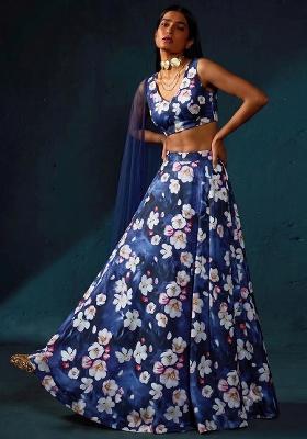 Navy Blue Printed Satin Lehenga Set
