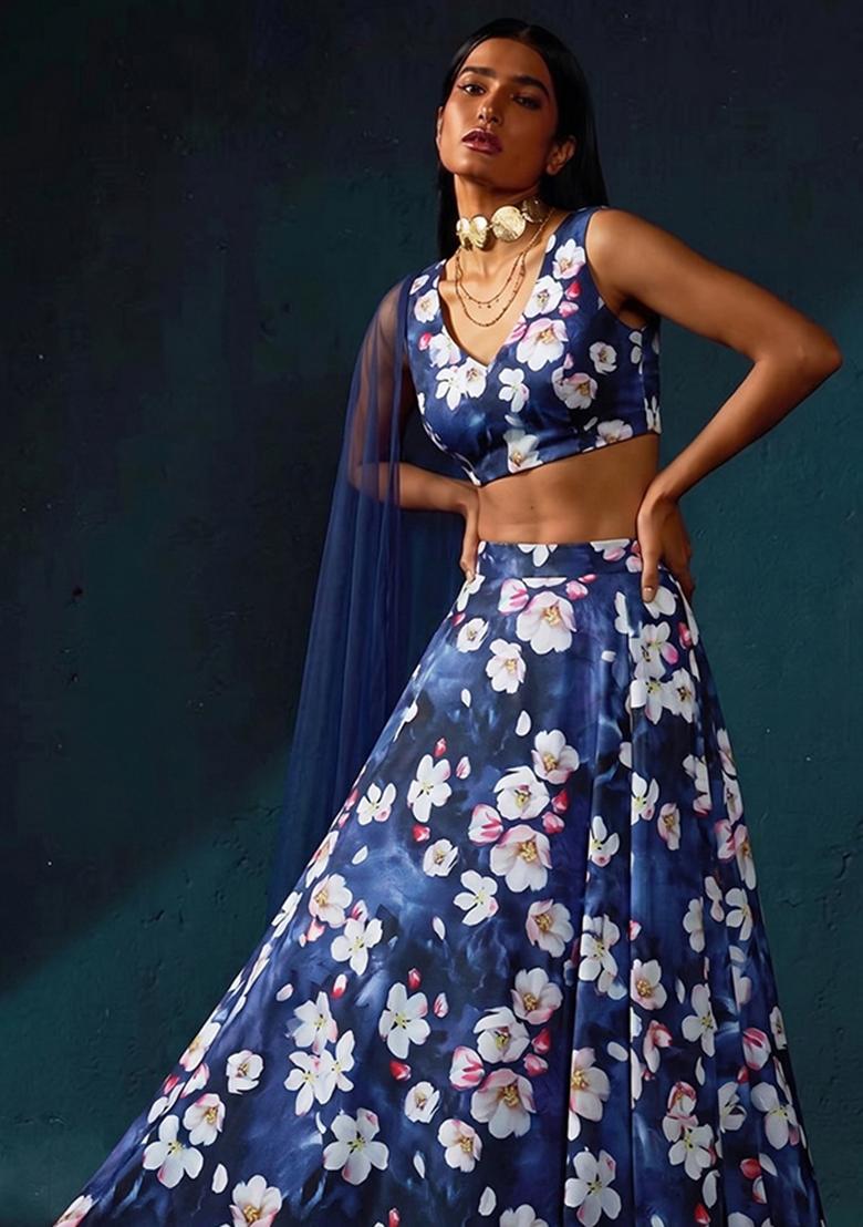 Navy Blue Printed Satin Lehenga Set - Indya