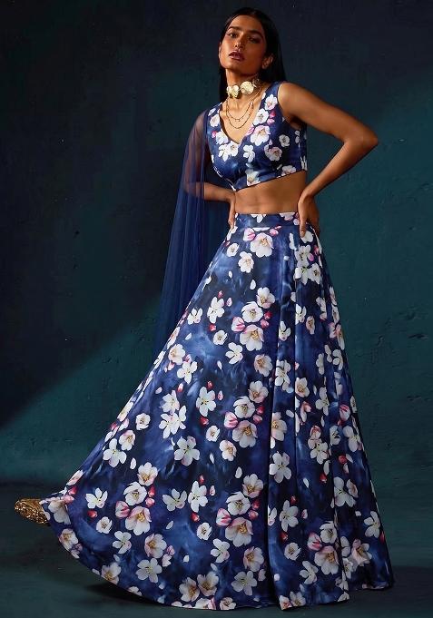 Navy Blue Printed Satin Lehenga Set